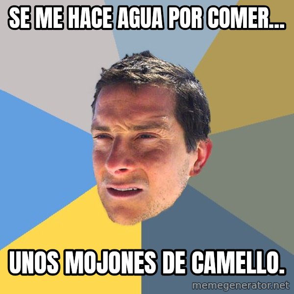 Bear Grylls meme: se me hace agua por comer... / unos mojones de camello.