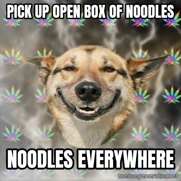 Stoner Dog meme: pick up open box of noodles / noodles everywhere
