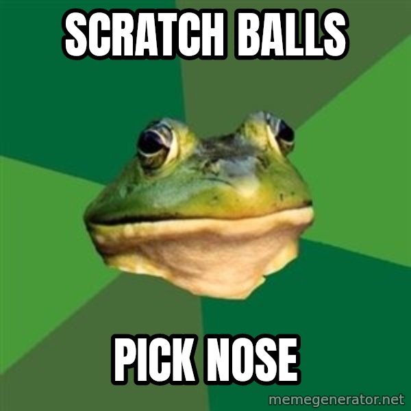 Foul Bachelor Frog meme: scratch balls / pick nose
