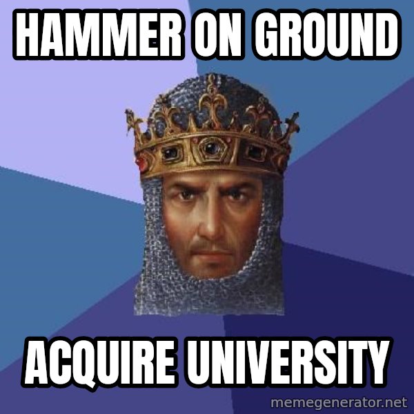 Age Of Empires meme: hammer on ground / acquire university