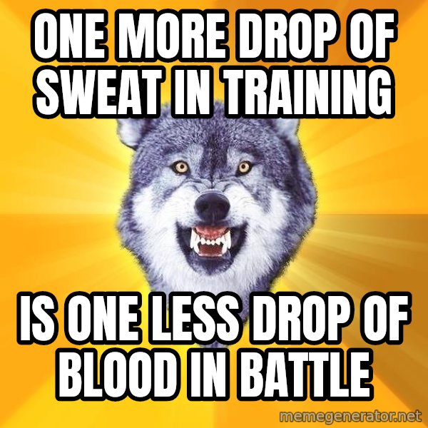 Courage Wolf meme: One more drop of sweat in training / is one less drop of blood in battle