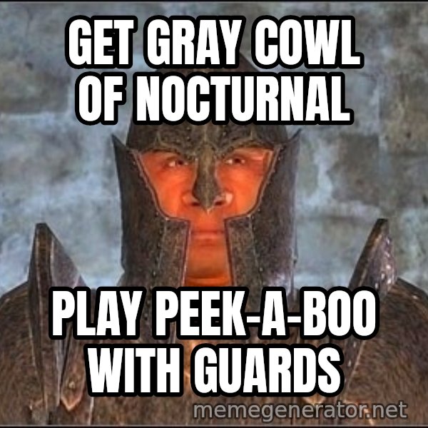 Oblivion Guard meme: get gray cowl of nocturnal / play peek-a-boo with guards