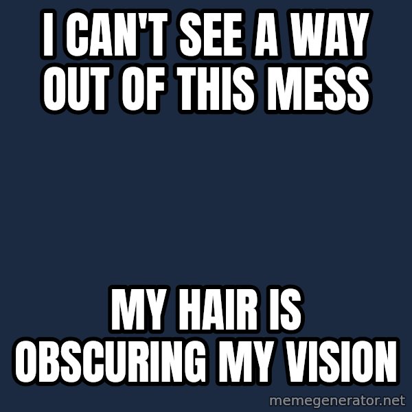 First World Problems meme: I can't see a way out of this mess / My hair is obscuring my vision