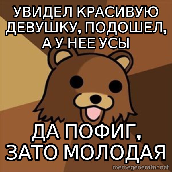 Pedobear meme: увидел красивую девушку, подошел, а у нее усы / да пофиг, зато молодая