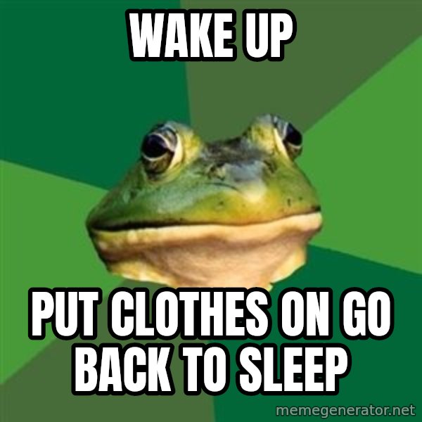 Foul Bachelor Frog meme: Wake up / put clothes on go back to sleep