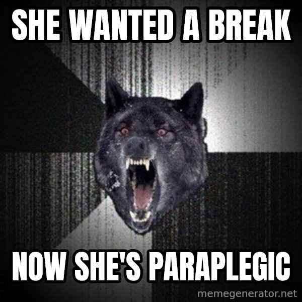Insanity Wolf meme: SHE WANTED A BREAK / NOW SHE'S PARAPLEGIC