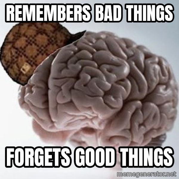 Scumbag Brain meme: Remembers bad things / forgets good things