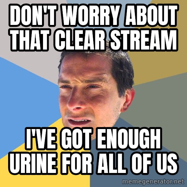 Bear Grylls meme: don't worry about that clear stream / I've got enough urine for all of us