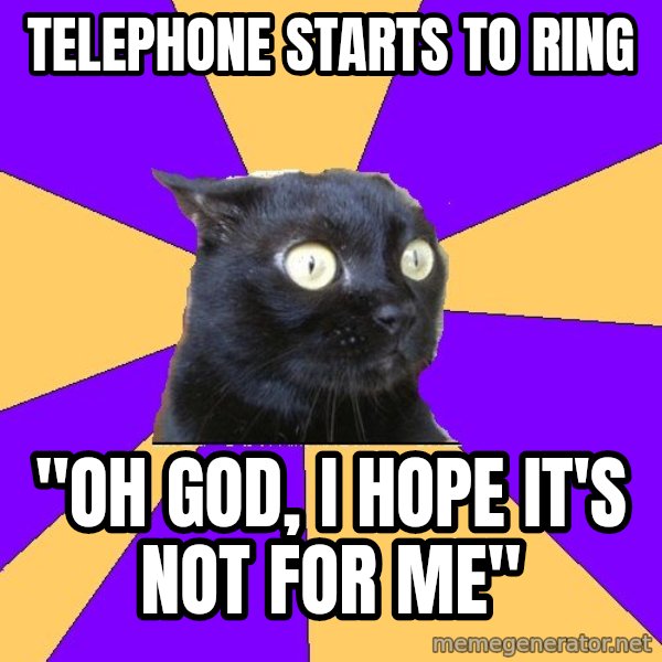 Anxiety Cat meme: Telephone STARTS TO RING / "oh god, I HOPE IT'S NOT FOR ME"