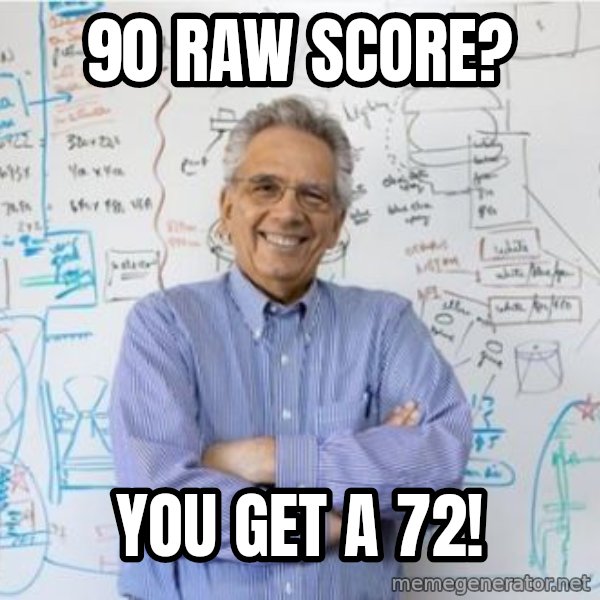 Engineering Professor meme: 90 raw score? / You get a 72!