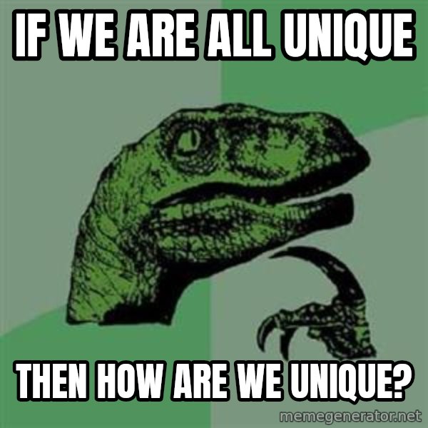 Philosoraptor meme: if we are all unique / then how are we unique?