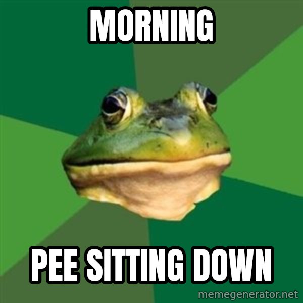 Foul Bachelor Frog meme: Morning / pee sitting down
