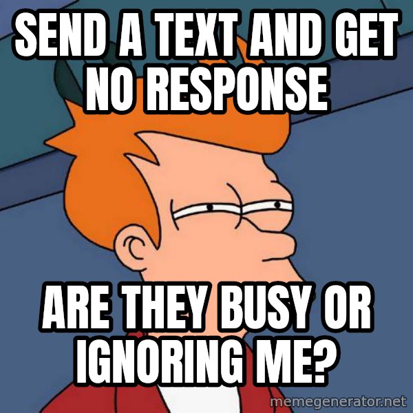 Futurama Fry meme: Send a text and get no response / Are they Busy or ignoring me?