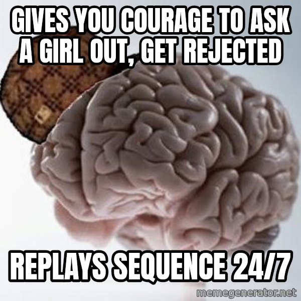 Scumbag Brain meme: gives you courage to ask a girl out, get rejected / replays sequence 24/7