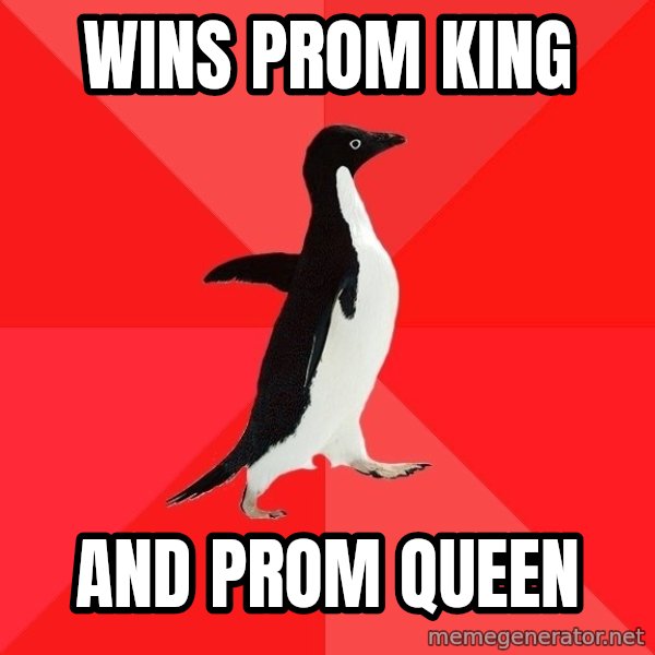 Socially Awesome Penguin meme: Wins prom king / and prom queen