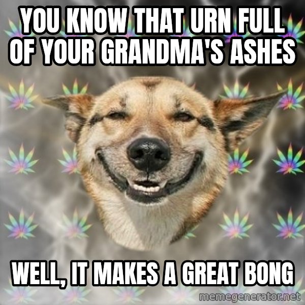 Stoner Dog meme: You know that urn full of your grandma's ashes / Well, it makes a great bong
