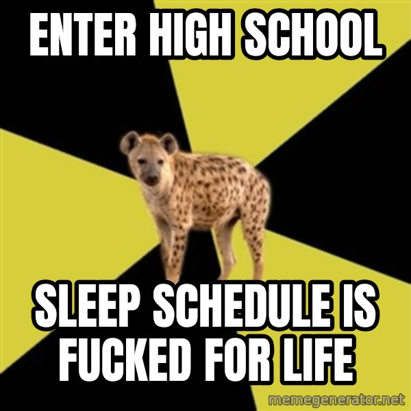 High School Hyena meme: Enter high school / Sleep schedule is fucked for life