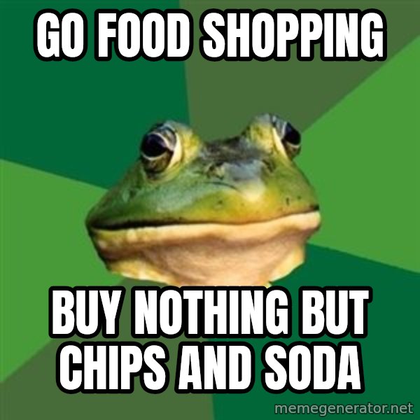 Foul Bachelor Frog meme: Go food shopping / Buy nothing but chips and soda