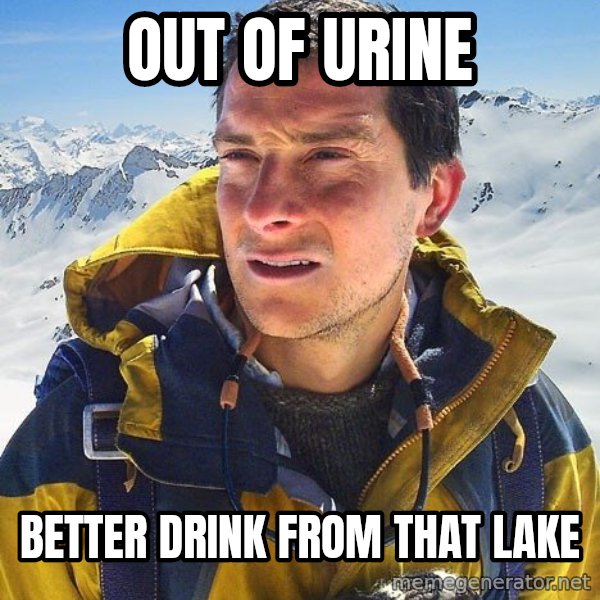 Bear Grylls meme: out of urine / better drink from that lake