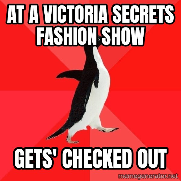 Socially Awesome Penguin meme: at a victoria secrets fashion show / gets' checked out