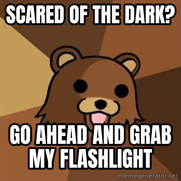 Pedobear meme: Scared of the dark? / Go ahead and grab my flashlight
