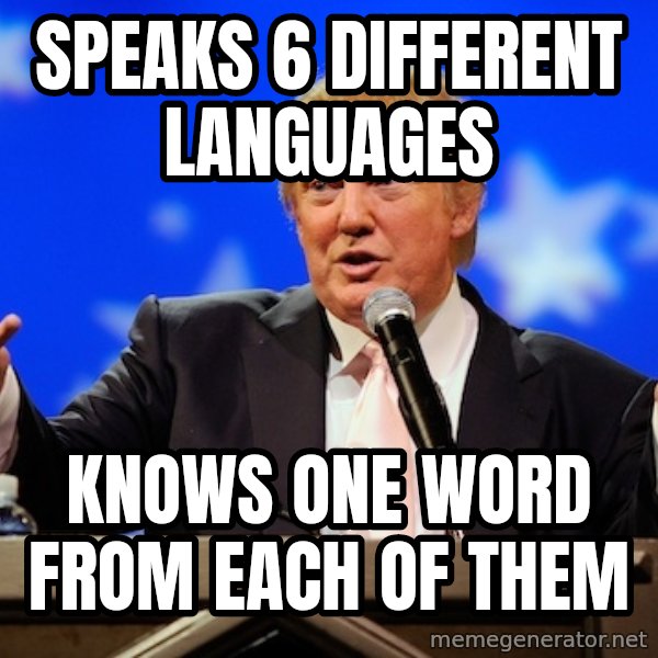 Annoying Facebook Girl meme: speaks 6 different languages / knows one word from each of them