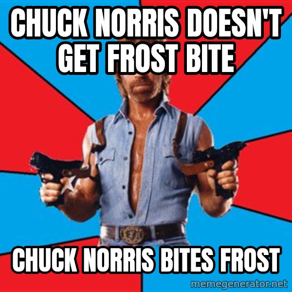 Chuck Norris  meme: chuck norris doesn't get frost bite / chuck norris bites frost