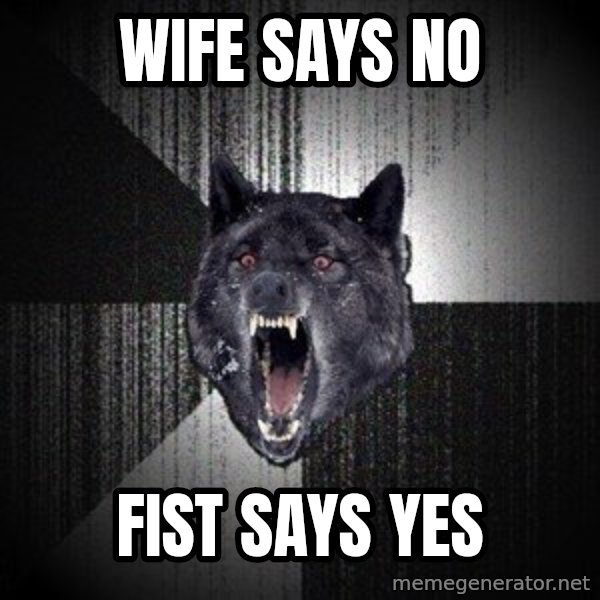 Insanity Wolf meme: WIFE SAYS NO / FIST SAYS YES