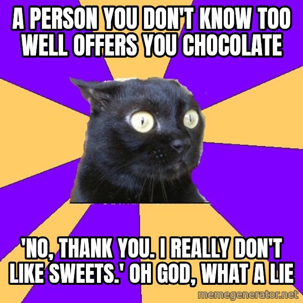Anxiety Cat meme: A person you don't know too well offers you chocolate / 'No, thank you. i really don't like sweets.' Oh god, what a lie