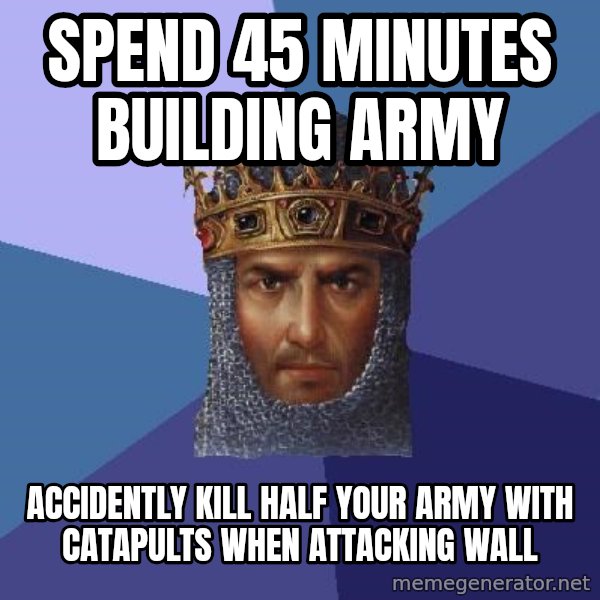 Age Of Empires meme: spend 45 minutes building army / accidently kill half your army with catapults when attacking wall