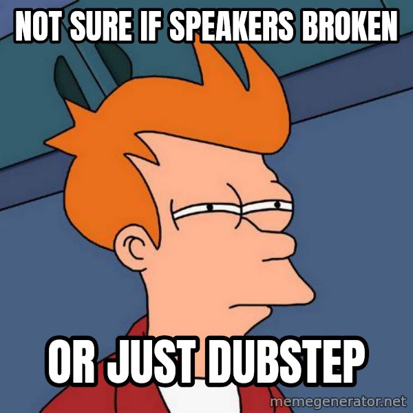 Futurama Fry meme: NOT SURE IF SPEAKERS BROKEN / OR JUST DUBSTEP