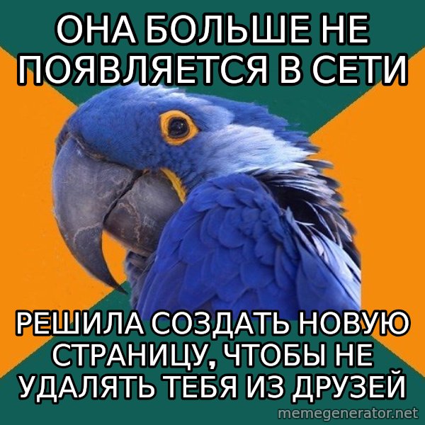 Paranoid Parrot meme: она больше не появляется в сети / решила создать новую страницу, чтобы не удалять тебя из друзей