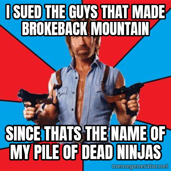 Chuck Norris  meme: i sued the guys that made brokeback mountain / since thats the name of my pile of dead ninjas