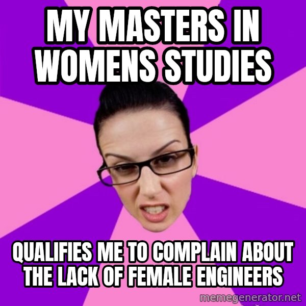 Privilege Denying Feminist meme: My masters in womens studies / qualifies me to complain about the lack of female engineers