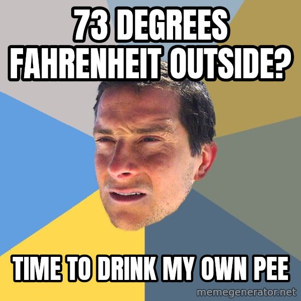 Bear Grylls meme: 73 degrees fahrenheit outside? / time to drink my own pee