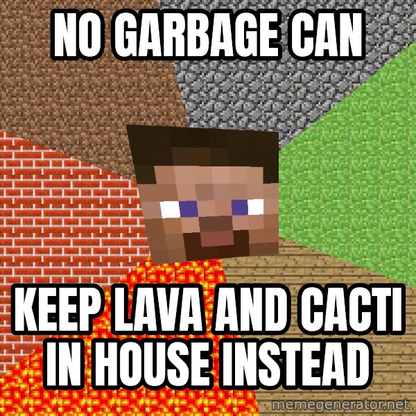 Minecraft Guy meme: no garbage can / keep lava and cacti in house instead