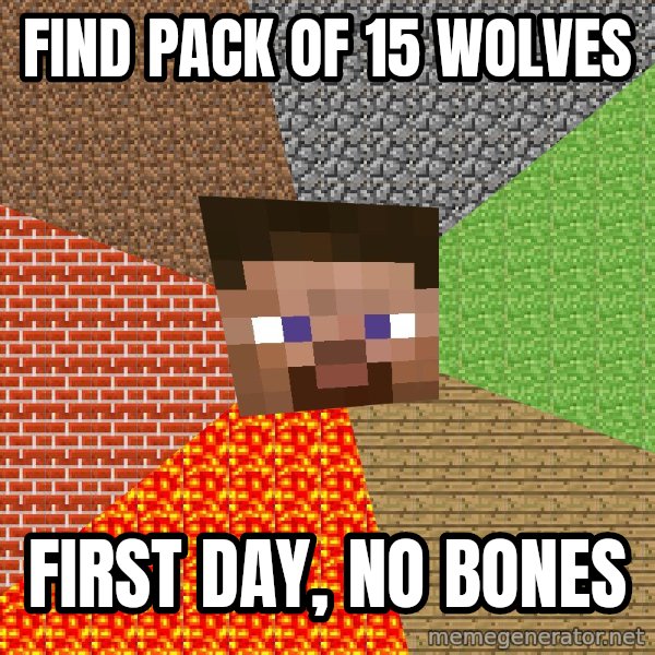 Minecraft Guy meme: Find pack of 15 wolves / first day, no bones