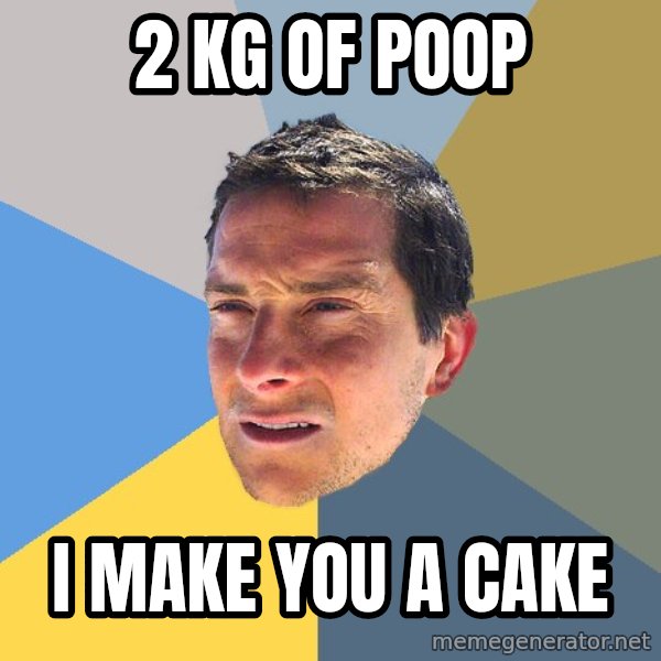 Bear Grylls meme: 2 Kg of poop / I make you a cake