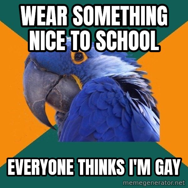 Paranoid Parrot meme: wear something nice to school / everyone thinks i'm gay