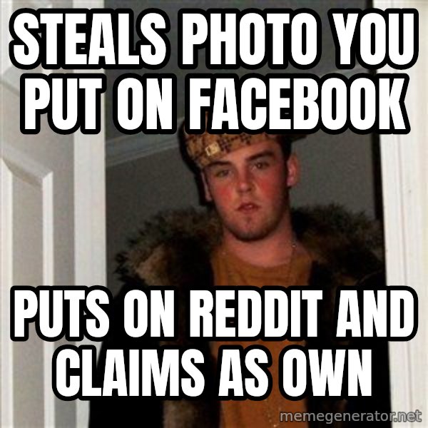 Scumbag Steve meme: steals photo you put on facebook / puts on reddit and claims as own