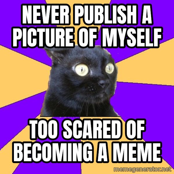 Anxiety Cat meme: NEVER PUBLISH A PICTURE of myself / TOO scaREd OF BEComing a MEME