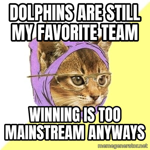 Hipster Kitty meme: Dolphins are still my favorite team / winning is too mainstreaM ANYWAYS