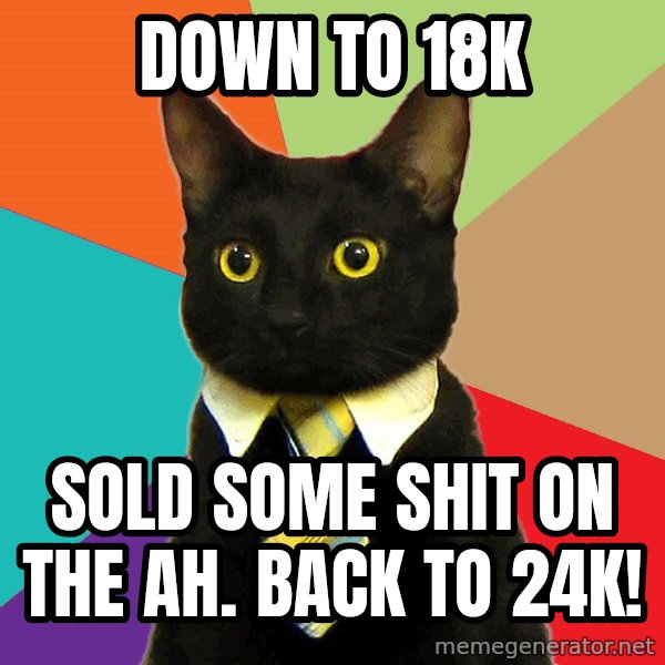 Business Cat meme: down to 18k / sold some shit on the ah. back to 24k!