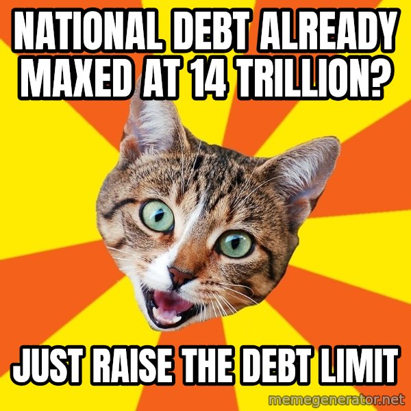 Bad Advice Cat meme: national debt already maxed at 14 trillion? / just raise the debt limit