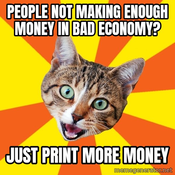 Bad Advice Cat meme: people not making enough money in bad economy? / just print more money