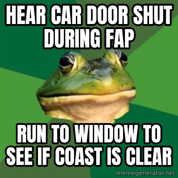 Foul Bachelor Frog meme: Hear car door shut during fap / run to window to see if coast is clear