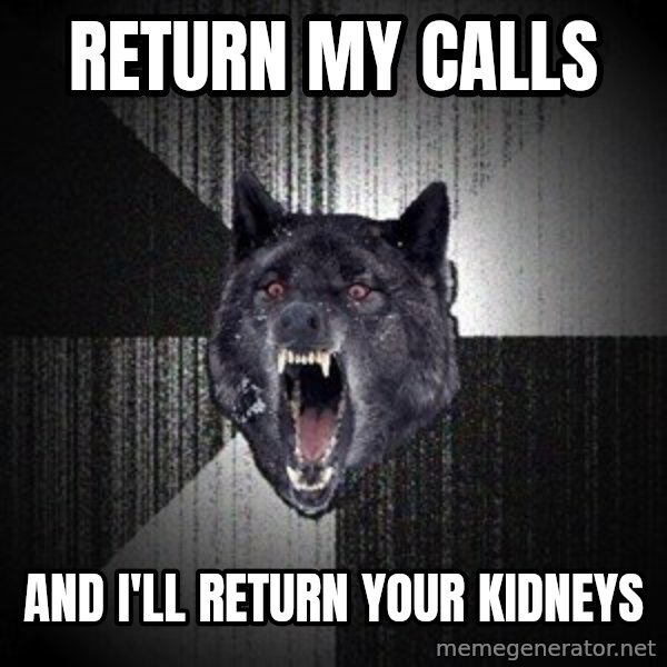 Insanity Wolf meme: return my calls / and i'll return your kidneys