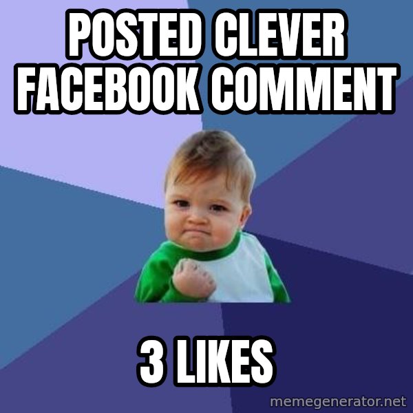 Success Kid meme: posted clever facebook comment / 3 likes