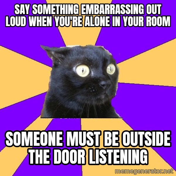 Anxiety Cat meme: Say something embarrassing out loud when you're alone in your room / someone must be outside the door listening