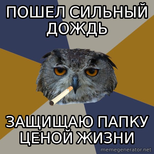Art Student Owl meme: Пошел сильный дождь / защищаю папку ценой жизни